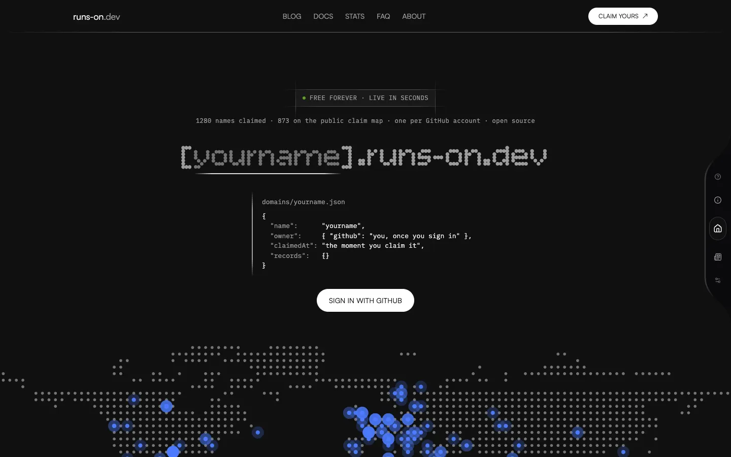 The runs-on.dev home page: yourname.runs-on.dev set in a pixel face above the JSON record a claim writes, a Sign in with GitHub button, and a dot-matrix map of claimed names.