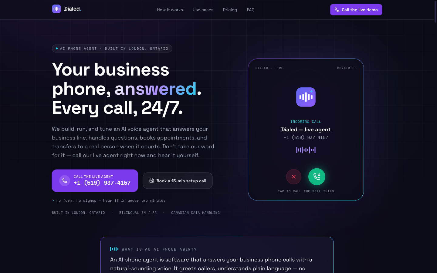 Dialed live AI phone agent answering a call on the demo line